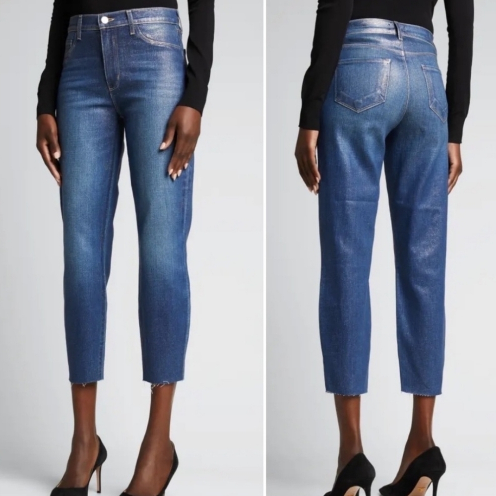 L'agence 28 El Matador Fremont Gold Glitter Coated Jeans Cropped Raw Hem